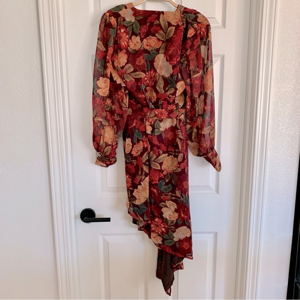 🌾 VICI Red Fall Floral Long Sleeve Asymmetrical Midi Wrap Dress - Picture 8 of 12